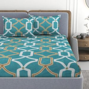 VOMZER 320 TC Cotton Feel All Around Elastic Fitted Printed Bedsheets King Size, Premium Fitted Bedsheets King Size for Double Bed with 2 Pillow Covers, Size- 78" x 72", Multicolour