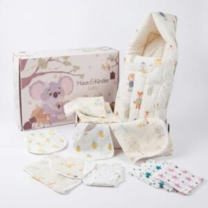 haus & kinder Newborn Baby Shower Gift Set (Pack of 10) | 100% Cotton New Born Baby Essentials Kit with Swaddle, Muslin Blanket, Carrier Nest | Jungle Edition
