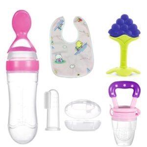 Spoon Bottle with Silicone teether/Pacifier, Fruit Nibbler, Finger Brush & Baby bib/appron for Baby (Pack of 5 Combo) (Pink Combo 5)