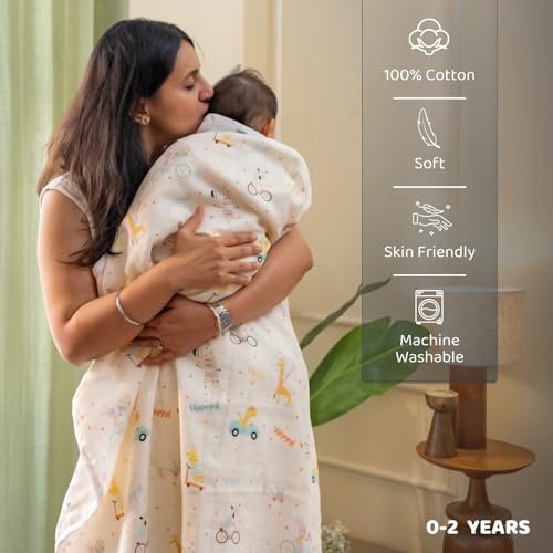 haus & kinder Newborn Baby Shower Gift Set (Pack of 10) | 100% Cotton New Born Baby Essentials Kit with Swaddle, Muslin Blanket, Carrier Nest | Jungle Edition - Image 6