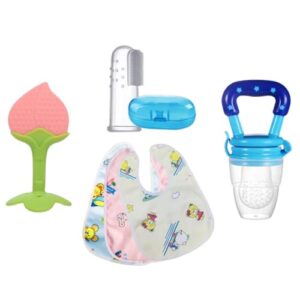 Baby Silicone Teething & Feeding Set | BPA-Free Food & Fruit Feeder Pacifier Nibbler (1pc), Fruit Shape Teether Toy (1pc), Finger Toothbrush (1pc) & Waterproof Feeding Bibs (3pcs) for 0–12 Months Infants