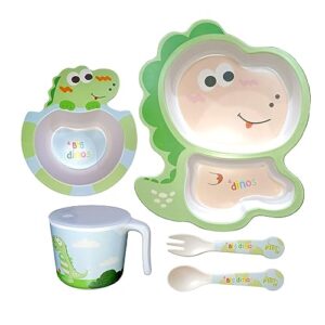 Deepashri™ Baby Dinosaur Shape Bamboo Fibre Dinner Set for Kids - Tableware Set Plate Bowl Cup Fork and Spoon/Feeding Utensils for Kids and Toddlers Eco-Friendly & Biodegradable | Set of 5
