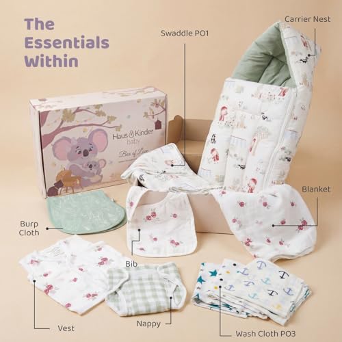 haus & kinder Newborn Baby Shower Gift Set (Pack of 10) | 100% Cotton New Born Baby Essentials Kit with Swaddle, Muslin Blanket, Carrier Nest | Scarlet Edition - Image 2