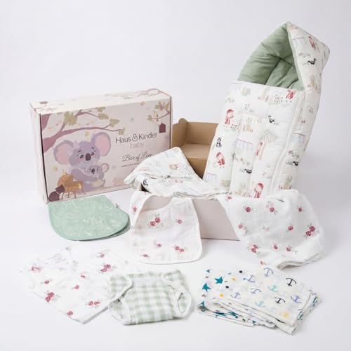 haus & kinder Newborn Baby Shower Gift Set (Pack of 10) | 100% Cotton New Born Baby Essentials Kit with Swaddle, Muslin Blanket, Carrier Nest | Scarlet Edition