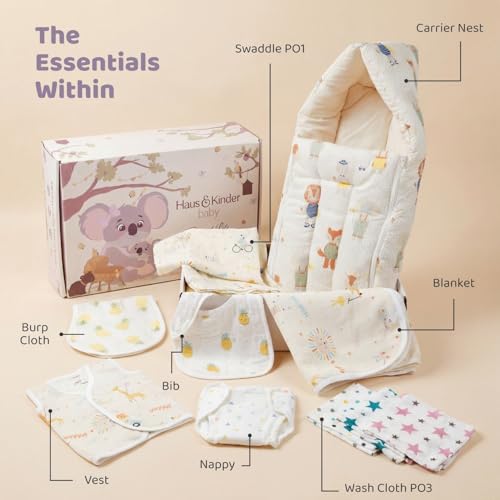 haus & kinder Newborn Baby Shower Gift Set (Pack of 10) | 100% Cotton New Born Baby Essentials Kit with Swaddle, Muslin Blanket, Carrier Nest | Jungle Edition - Image 2