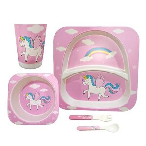 Deepashri™ Bamboo Unicorn Tableware Kids Plate Set with Bowl Cup Fork Spoon Tableware for Baby Dinning Set Bamboo Fiber Dinner Set for Kids Utensil (Set of 5 Pieces)