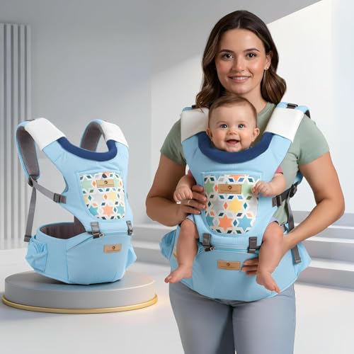StarAndDaisy 4-in-1 Baby Carrier for 0 to 3 Year Baby/Kangaroo Bag with Comfortable Soft Hip Seat/Baby Carrier - 4 Carrying Positions, 2 Storage Pockets (Light Blue)