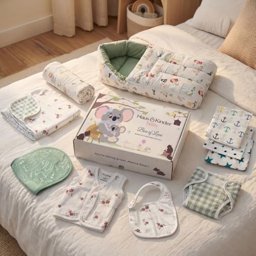 haus & kinder Newborn Baby Shower Gift Set (Pack of 10) | 100% Cotton New Born Baby Essentials Kit with Swaddle, Muslin Blanket, Carrier Nest | Scarlet Edition - Image 7