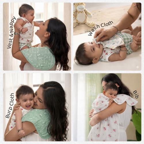 haus & kinder Newborn Baby Shower Gift Set (Pack of 10) | 100% Cotton New Born Baby Essentials Kit with Swaddle, Muslin Blanket, Carrier Nest | Scarlet Edition - Image 3