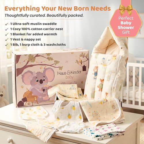 haus & kinder Newborn Baby Shower Gift Set (Pack of 10) | 100% Cotton New Born Baby Essentials Kit with Swaddle, Muslin Blanket, Carrier Nest | Jungle Edition - Image 7