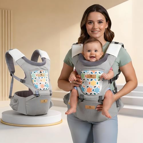 StarAndDaisy 4-in-1 Baby Carrier for 0 to 3 Year Baby/Kangaroo Bag with Comfortable Soft Hip Seat/Baby Carrier - 4 Carrying Positions, 2 Storage Pockets (Light Grey)