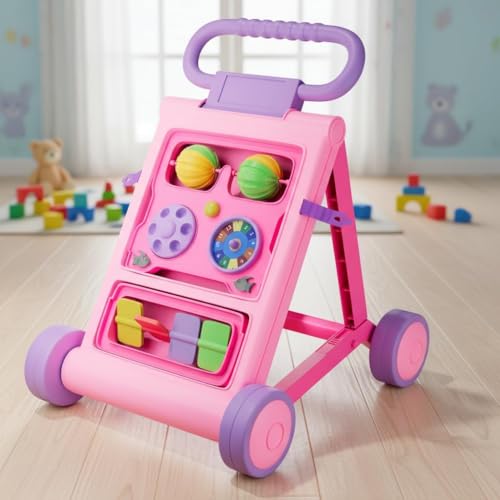 Uonibaby by StarAndDaisy Baby Walkers for 6-18 Month Baby Boy & Girl/Baby Activity Walker Learning Push Walker with Foldable Music and Toy Bar/Walker for Kids (Push Walker - Pink)