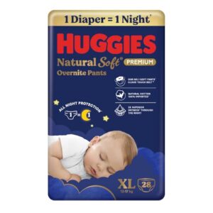 Huggies Natural Soft Overnite Diaper Pants| Premium Pant Style Baby Diapers Medium Size (XL Size | 12-17 Kgs), 28 count| Keeps baby dry all night with cloud softness all over