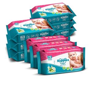 Amazon Brand - Supples Baby Wet Wipes | 648 Wipes | 72 Wipes x 9 Packs | Enriched With Aloe Vera and Vitamin E | Alcohol-free and Paraben-free | Pure Water-Based Formulation