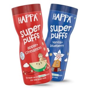 Happa Organic Baby Puffs | Vanilla Blueberry and Apple Cinnamom Flavour | Made with Organic Ingredients | Melt-in-the-Mouth, Supports Self-Feeding & Baby-Led Weaning | No Artificial Flavours or Colours | Stage 2 (8 Months+) | Pack of 2 (40g Each)