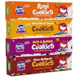 Bebe Burp-Organic Ragi,Whole Wheat, Oats & Chocolate Cookies | Natural Tasty & Healthy Cookies | No Preservatives & Artificial Flavors | Snacks For Kids, 600gm (Pack of 4)