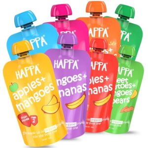 Happa Organic Baby Food Puree Travel Pack | Natural Fruits, Grains and Vegetables | No Added Sugar, No Milk Powder, No Preservatives | Stage 2 (6 Months+) | Ready to Eat | Free from Common Allergens | Pack of 8 (100g Each)