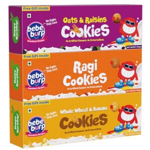 Bebe Burp Cookies & Biscuits for Kids | Combo Pack – Ragi, Whole Wheat & Oats & Raisins | 100% Natural, No Preservatives, No Sugar | Healthy Snacks for All Ages | Natural Ingredients | 450g (Pack of 3)