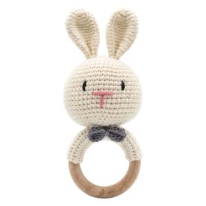 Baby Rattle for Newborn - Crochet Bunny Toy, Natural Wool Music Shaker for Hand Grips, First Gift for Boy Girl, Rabbit 1 PCS Combo, Wood