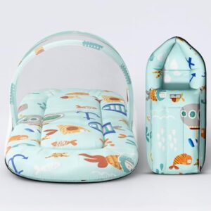 StarAndDaisy 2-in-1 Baby Sleeping Bag with Mosquito Net for Newborn/Soft & Breathable Cotton Sleeping Sack Cum Wrapper/Foldable Bag for Baby Protection/Infant (0-12 Months) (Aqua-Print)