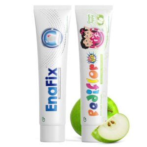 PediflorKidz Anticavity Fluoride Green Apple Flavor Toothpaste for children and Enafix Fluoride-free Toothpaste | 70g x 2 pack | Family combo pack