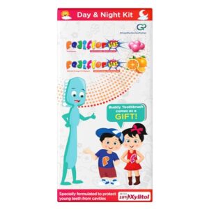 PEDIFLOR kidz Day & Night Kit | Kids Toothpaste Gift Set Pack | Bubble Gum and Orange| Pack of 1, Strengthening, Plaque Removal, Cavity Protection, Enamel Protection, Remineralization