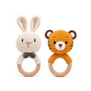 Handmade Crochet Baby Rattles Combo (Rabbit & Tiger) | Soft Cotton Knit Animal Teether Toys for Newborns & Infants | Baby-Safe, Eco-Friendly | Ideal Baby Shower Gift – Set of 2