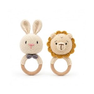 Wooden Baby Crochet Animal Rattle Set, Cotton Music Shaker Toy for Newborn Hand Grip (Lion & Rabbit, 2 Pcs)