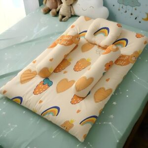 StarAndDaisy Newborn Baby Bedding Set, Baby Bed Soft & Breathable, Godari Boys & Girl Design, 100% Cotton Cushioned Mattress Sheet with 2 Side Bolster Pillows & 1 Head Pillow- Rainbow Print