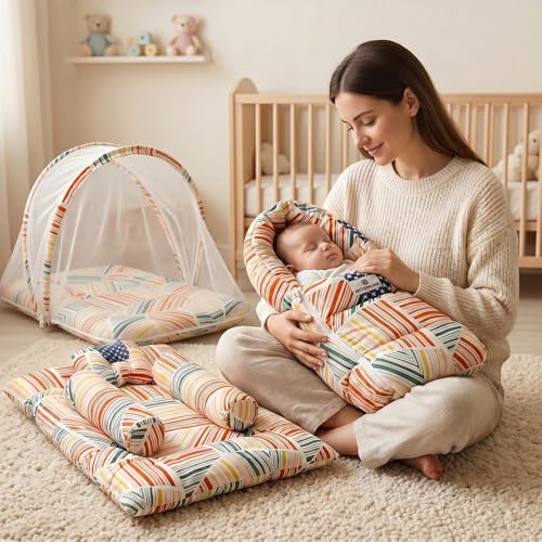 StarAndDaisy Baby Carry Nest Combo Set for 0–12 Months | Baby Lounger, Bedding Nest & Mosquito Net | Soft Mattress with Side Cushions (Check Print)