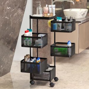 Kitchenwell Metal Multi-Purpose Trolley Storage Organizer and Kitchen Accessories Items for Kitchen Storage Rack Square Design Fruits & Vegetable Onion Cutlery (Matt Black, 5 Layer Drawer)
