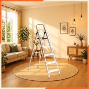 Prime Safe-T Aluminium Foldable Step Ladder 5 Step (4+1) with Handrail, Wide Anti-Skid Platform, Heavy Duty Ladder for Home Kitchen & Office Use, Portable Folding Ladder