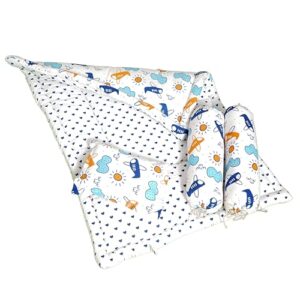 NWF 100% Cotton Baby Bedding Set – Mattress & Soft Daytime Bedding for Infants (0–24 Months) | 4-Piece Set, 26”x40” | Blue Plane Cloud Design