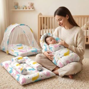 StarAndDaisy Baby Carry Nest Combo Set for 0–12 Months | Baby Lounger, Bedding Nest & Mosquito Net | Soft Mattress with Side Cushions (Ocean Print)