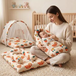 StarAndDaisy Baby Carry Nest Combo Set for 0–12 Months | Baby Lounger, Bedding Nest & Mosquito Net | Soft Mattress with Side Cushions.