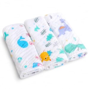 MOM CARE 6 Layer Muslin Baby Washcloth Napkins for Newborn Baby, Ultra Soft Reusable Cotton Face Towels, Highly Absorbent Burp Cloth Feeding Wipes for Babies, Pack of 3