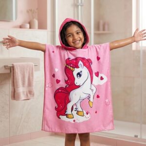 Famyo® Poncho Hooded Towel for Kids 1–7 Years | Quick Dry Kids Towel | Soft Lightweight Baby Wrap for Beach | 60 X 60Cm Toddler Pool Towel for Boys & Girls | Micro-Fiber Bath Towels | Hairy Unicorn