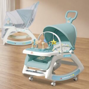 Infantso Prime (6-in-1) Baby Rocker for 0 to 2 Years with Mosquito Net | Portable Rocker for Newborn | Convertible Walker, Feeding Chair, Push Cart & Seat with Music, Light, Tray & Canopy - Blue