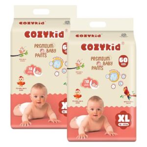 CozyKid Baby Diaper Pants | Supersoft & Comfortable Pull-Up Diaper Pants | Fast Absorbing | Anti-Bacterial | Rash Protection | 12 hrs Leak Protection | XL Size | Pack of 2 (120 Unit)