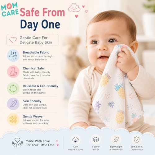 MOM CARE Muslin Burp Cloth for Baby | 6 Layer Soft Cotton Burping Cloth for Newborn Baby | Reusable Baby Towels, Washcloth, Hanky & Feeding Wipe for Infants Toddlers Pack of 5 - Image 9