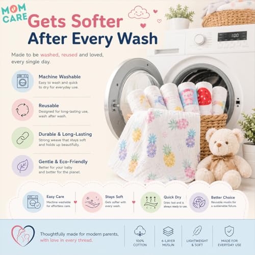 MOM CARE Muslin Burp Cloth for Baby | 6 Layer Soft Cotton Burping Cloth for Newborn Baby | Reusable Baby Towels, Washcloth, Hanky & Feeding Wipe for Infants Toddlers Pack of 5 - Image 3