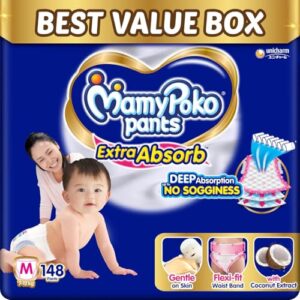 MamyPoko Pants Extra Absorb Baby Diapers, Medium (M size) | 7-12 kg | 148 Count |Deep Sleep Diapers| Soft gentle fit |Deep Absorbent Crisscross | skin friendly with coconut oil | (74 count, Pack of 2)