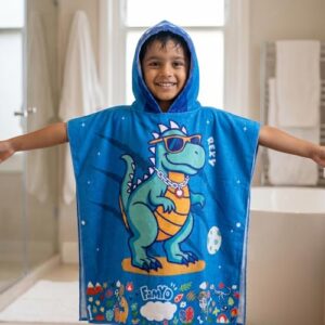 Famyo® Poncho Hood Maxx Towel for Kids 1–7 Years | Quick Dry Microfiber Kids Towel | Soft Lightweight Baby Wrap for Beach | 60 x 60cm Toddler Pool Towel for Boys & Girls | Cute Rexy Dino
