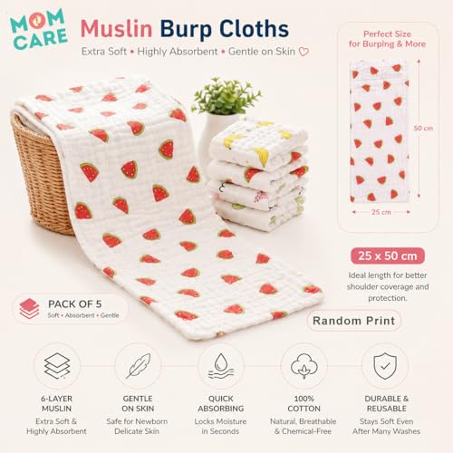 MOM CARE Muslin Burp Cloth for Baby | 6 Layer Soft Cotton Burping Cloth for Newborn Baby | Reusable Baby Towels, Washcloth, Hanky & Feeding Wipe for Infants Toddlers Pack of 5 - Image 5