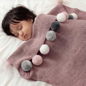 haus & kinder Knitted Baby Blanket, Breathable Baby Blankets Newborn, Premium Baby Blanket for 0-2 Years, Cozy Blankets for Crib, Nursery & Stroller, New Born Baby Essentials | Pom Pom Rose
