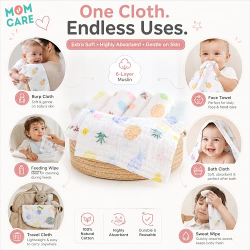 MOM CARE Muslin Burp Cloth for Baby | 6 Layer Soft Cotton Burping Cloth for Newborn Baby | Reusable Baby Towels, Washcloth, Hanky & Feeding Wipe for Infants Toddlers Pack of 5 - Image 7