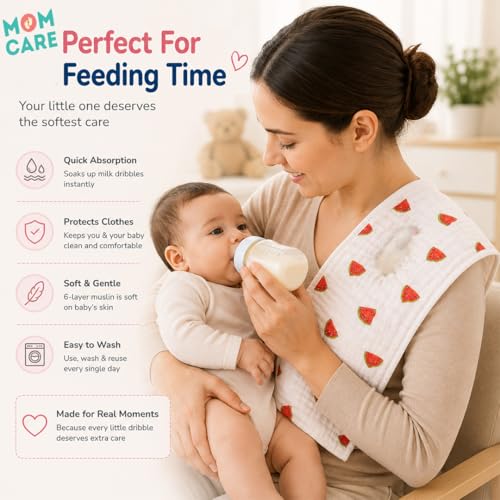 MOM CARE Muslin Burp Cloth for Baby | 6 Layer Soft Cotton Burping Cloth for Newborn Baby | Reusable Baby Towels, Washcloth, Hanky & Feeding Wipe for Infants Toddlers Pack of 5 - Image 4
