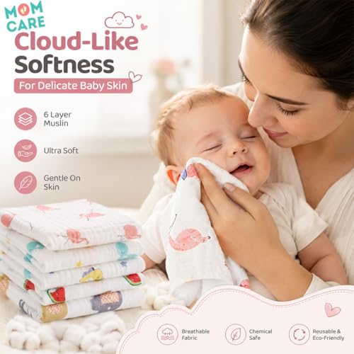 MOM CARE Muslin Burp Cloth for Baby | 6 Layer Soft Cotton Burping Cloth for Newborn Baby | Reusable Baby Towels, Washcloth, Hanky & Feeding Wipe for Infants Toddlers Pack of 5 - Image 8