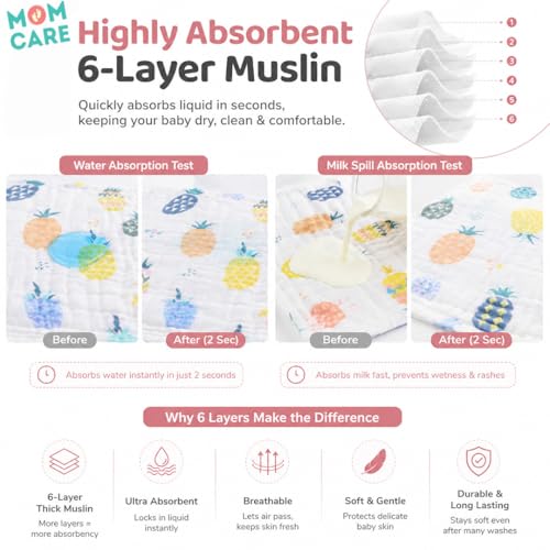 MOM CARE Muslin Burp Cloth for Baby | 6 Layer Soft Cotton Burping Cloth for Newborn Baby | Reusable Baby Towels, Washcloth, Hanky & Feeding Wipe for Infants Toddlers Pack of 5 - Image 6