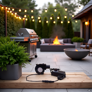 A rustic outdoor setting with a glowing campfire and a starry night sky